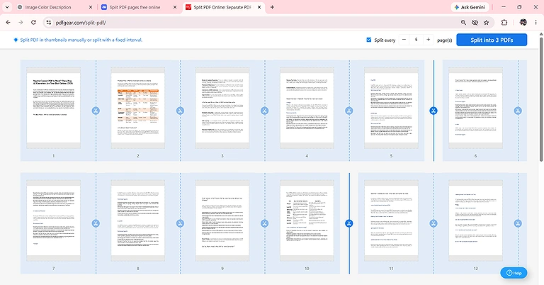 PDFgear scissor-based cut points and page-count splitting, with thumbnail previews for visual page selection.
